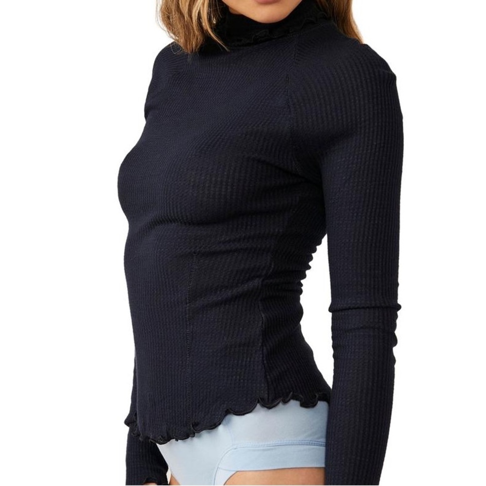 FREE PEOPLE Make it Easy Black Sheer Lettuce Hem Mock-Neck Top | Womens L